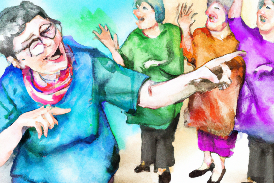 DALLE 2023-01-05 214559 - old women gesturing and nodding in a group and one points bright colors water color