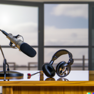 Podcast recording equipment, created with dall-e-2. French podcasts are easier to listen to than ever before. make the most of them with these 6 tips.