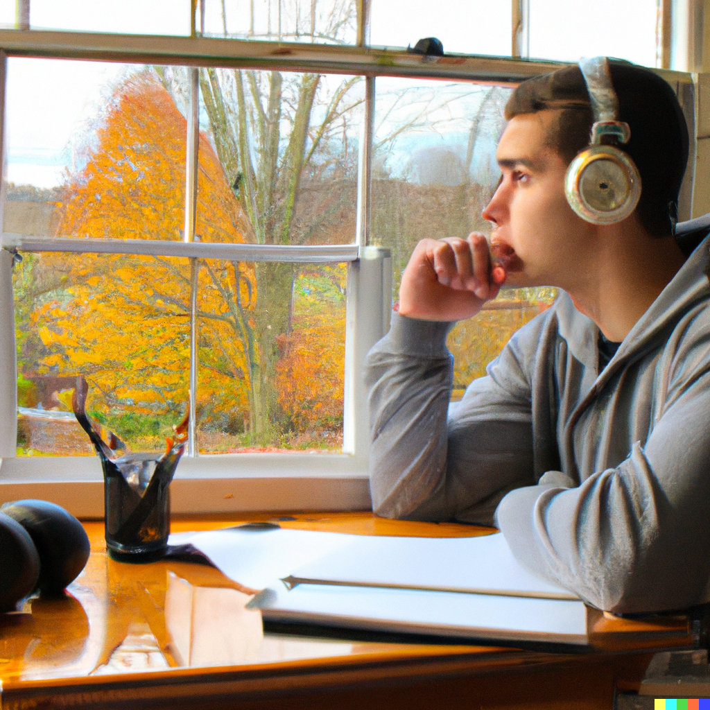 student listening to a podcast, created with dall-e-2. the best podcasts for French learners don't need to be in English or focus on grammar. Check out Inner French and our transcription quiz